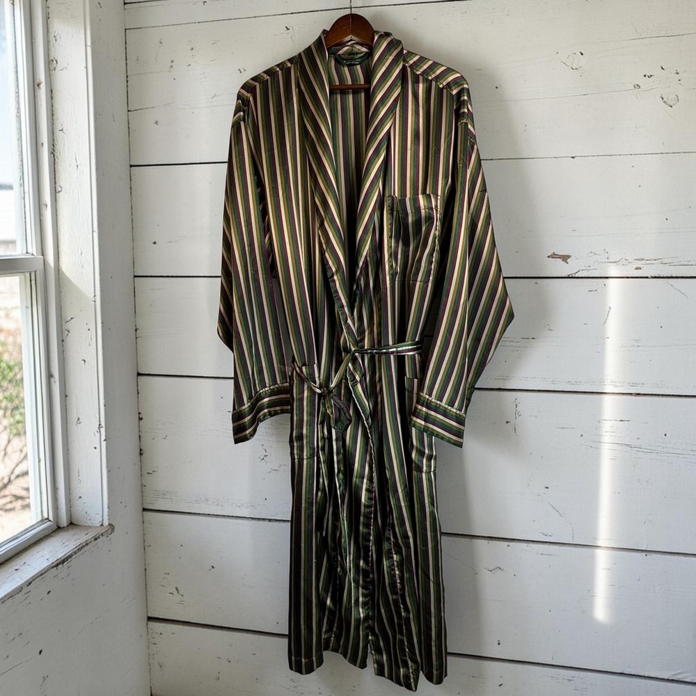 Vintage Robe Size IT 54 XL Green Burgundy Gold Striped Poly Made in Italy
